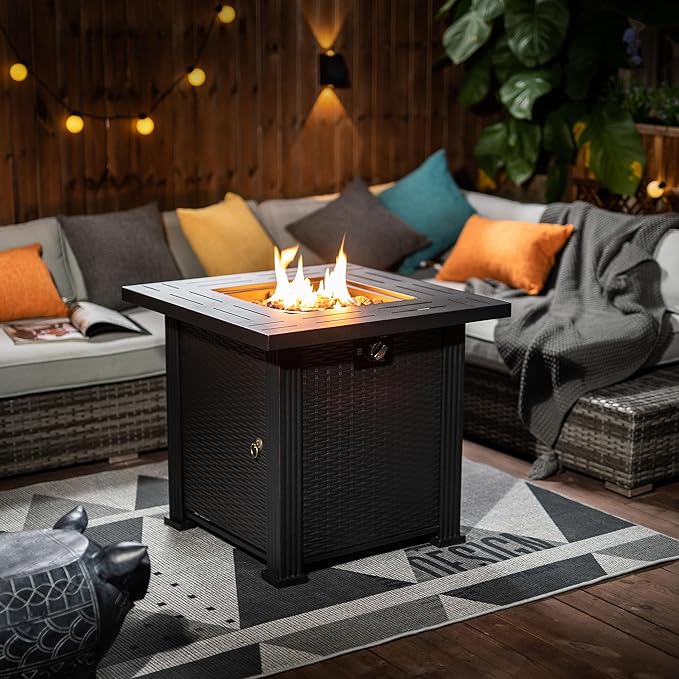 KEIKI 28 Inch Square Propane Fire Pit Table, Outdoor Gas Patio Heater with Metal Tabletop, 50000 BTU Backyard Firepit with Lid and Stones