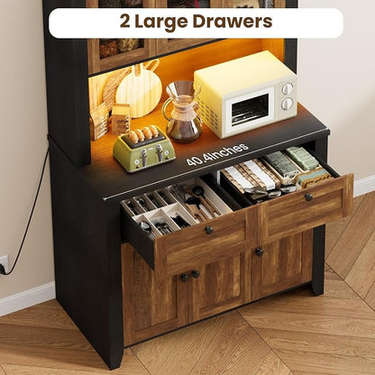 Pantry Cabinet with Charging Station, Farmhouse Kitchen Pantry Storage Cabinet with Countertop, Large Kitchen Hutch with Storage Drawers and Adjustable Shelves & Water Ripple Design for Dining Room,