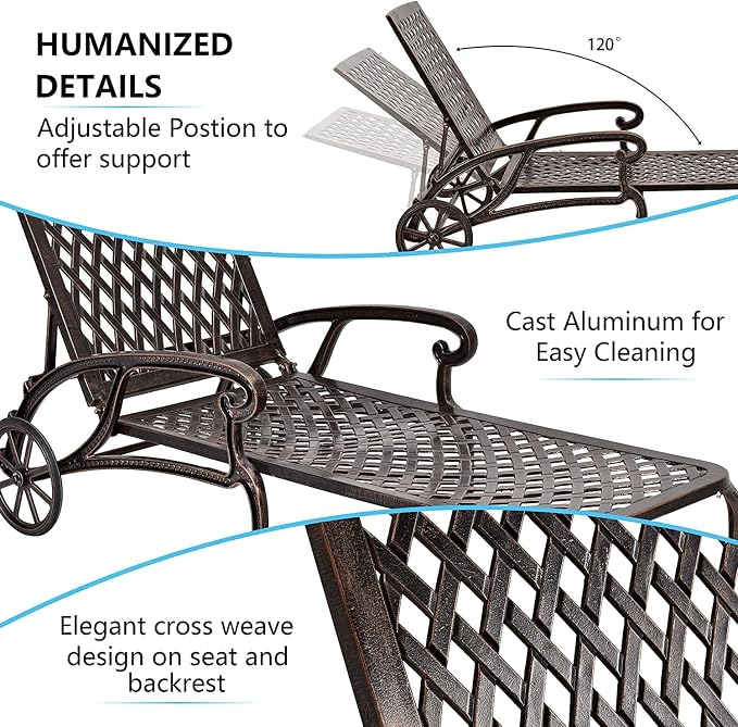 KEIKI Chaise Lounge Chair Outdoor Set of 2, Aluminium Cast Patio Chaise Lounge with Adjustable Backrest and Moveable Wheels, 3 Pieces Outside Tanning Chair, Brown and Brown (Side Table Not Included)