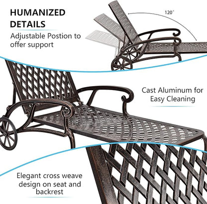 KEIKI Chaise Lounge Chair Outdoor, Aluminium Cast Patio Chaise Lounge with Adjustable Backrest and Moveable Wheels, Outside Tanning Chair, Brown (Side Table Not Included)