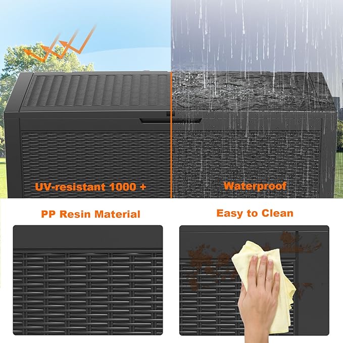 120 Gallon Large Outdoor Storage Box Waterproof, UV Resistant Resin Deck Box with Hydraulic Rod for Patio Furniture,Garden Tools,Cushions, Easy to Install（Black）