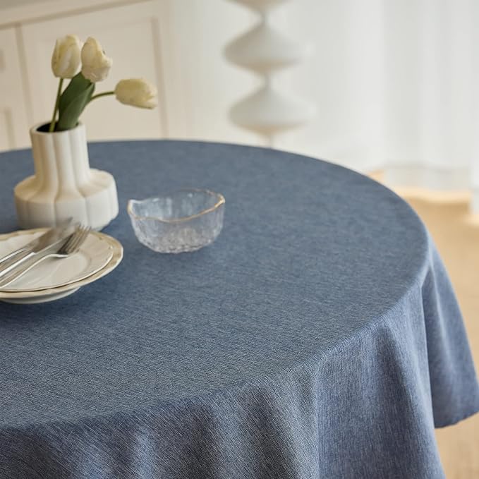 Decorelia Waterproof Round Tablecloth for Round Dining Table, Decorative Rustic Soft Wipeable Table Cloths Cover Indoor Outdoor Use for Holiday,Wedding, Kitchen (70 Inch,Round (4-6 Seats),Denim Blue)