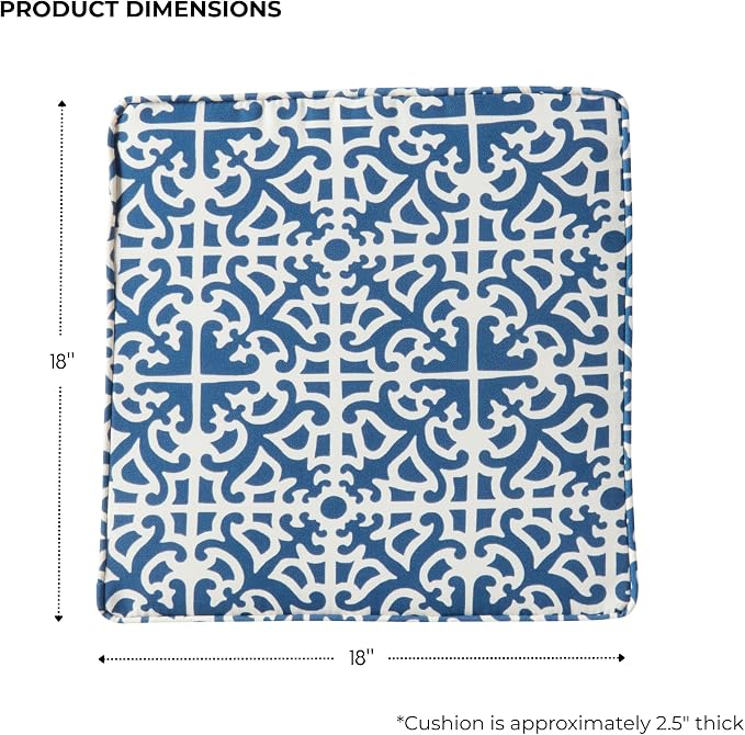 Outdoor 18 inch Square Patio Dining Chair Pads – Comfortable Fiber-Filled Seat Cushions with Ties, Reversible Polyester Fabric - Indigo Blue Lattice, Set of 2