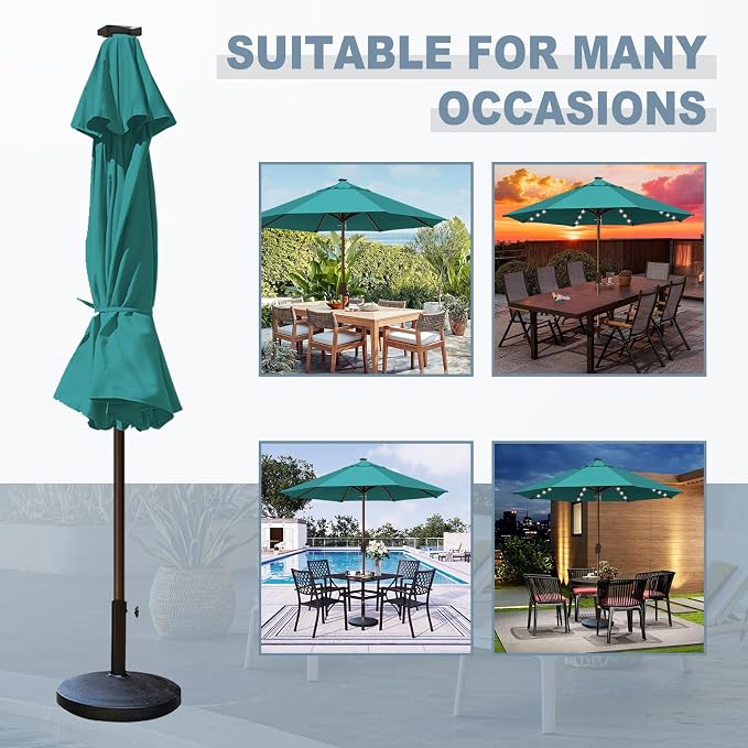EliteShade USA 10-Year-Non-Fading 10ft Market Patio Umbrella, Commercial Grade Table Sun Umbrella with 80 Solar LED Lights, Crank Open, Windproof & UPF 50+ UV Protection for Garden, Deck, Pool, Backyard, No Tilt, Teal