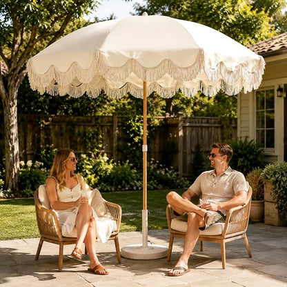 7.5FT Boho Patio Umberlla with Fringe,UPF50+ Outdoor Umbrella with Fiberglass Ribs and Push Button Tilt,Tassels Umbrella for Beach,Terrace,Picnic