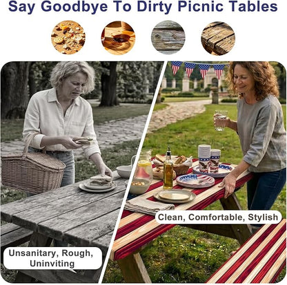 Picnic Table Cover with Bench Covers Windproof Waterproof Picnic Table Covers Camping Tablecloth with Self-Storage Bag, 72in, Vintage Wood Flag