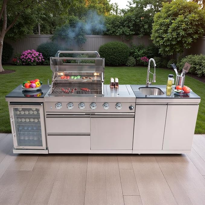 Outdoor Grill Islands 98.4" 4-Burner: 72000 BTU Outdoor bbq Island with Refrigerator Rotisserie kit Stainless steel Sink and Storage | Easy Setup