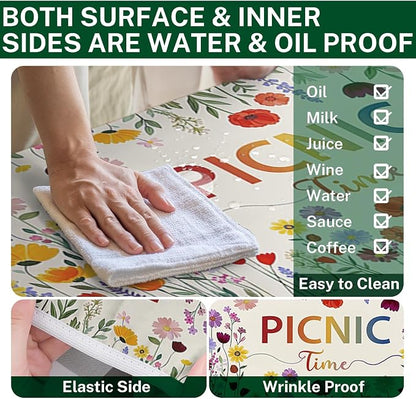 Picnic Table Cover with Bench Covers, Wildflower Boho, 72 Inch | 3PCS Camper fitted waterproof outdoor camping tablecloth essentials with elastic edges and drawstring bag