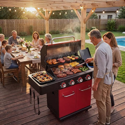 HUGROVE 4-Burner Liquid Propane Gas Grill with Clear-View Window, 56,000 BTU Outdoor BBQ Grilling Station with Side Burner, 677 sq.in Grill with Cast Iron Grates for Backyard Party (Black Red)