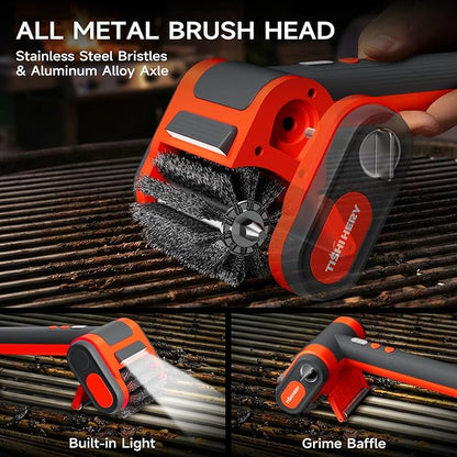 Electric Grill Brush for Outdoor Grill, 800 RPM Brush Head, 3000mAh Battery, No Preheating Grill, 304 Stainless Steel Bristle, Rechargeable Cordless BBQ Grill Cleaner with LED Light, Orange