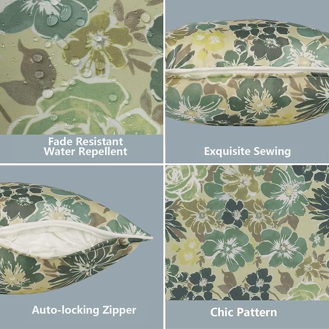 LVTXIII 2 Pack Outdoor Lumbar Pillow Covers 12x20 Inch with Piping, Water-Repellent Back Cushion Covers ONLY for Patio Furniture, Sofa, Garden Bench, Green Rose