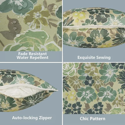 LVTXIII 2 Pack Outdoor Lumbar Pillow Covers 12x20 Inch with Piping, Water-Repellent Back Cushion Covers ONLY for Patio Furniture, Sofa, Garden Bench, Green Rose