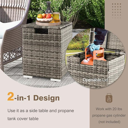Tangkula Outdoor Propane Tank Cover Table, Patiojoy Wicker Hideaway Table for Gas Fire Pits, 20 lbs Propane Tank Storage Box, Outdoor Wicker Side Table & Propane Tank Holder (Mix Grey)