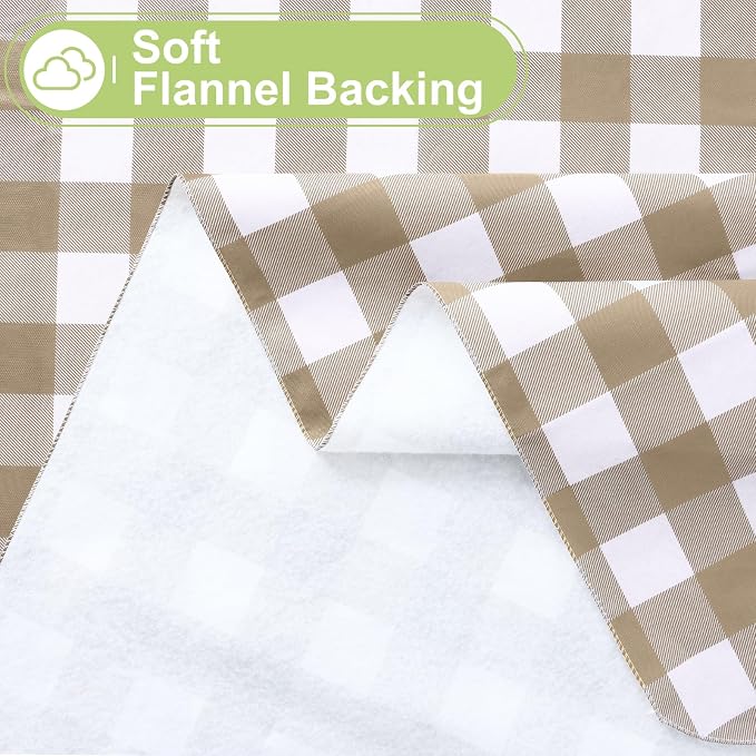 Smiry Oval Table Cloth, Vinyl Tablecloths with Flannel Backing, 60"x84" | Waterproof Picnic Table Cloth, Wipeable Buffalo Plaid Table Cover for Indoor and Outdoor (Khaki & White)
