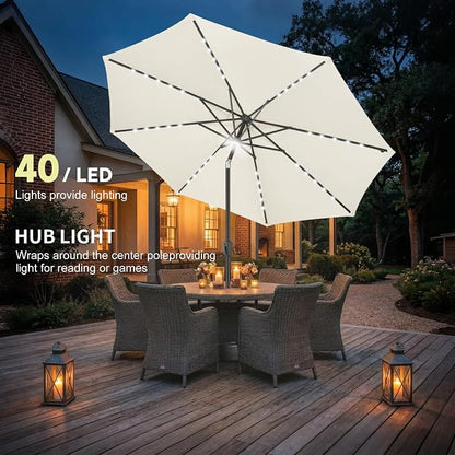 Solar Patio Umbrella with Centre Light, 10 ft Ivory | 40 LED Lights, UV Protection, Solar Outdoor Umbrella for Porch, Deck, Pool, Table, Garden, Provides Evening Lighting