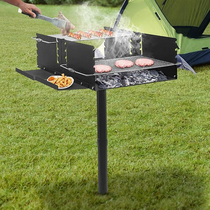 Large Park Style Charcoal Grill, Single Post Outdoor Barbecue with 4 Adjustable Grate Heights, 40” Wide Cooking Area & Side Racks, For Camping Backyard Party