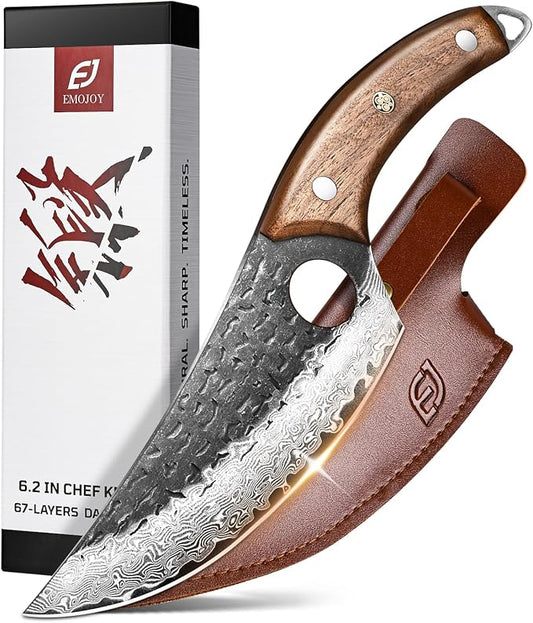 Emojoy Damascus Chef Knife, 67-Layer Damascus Steel Kitchen Knife with Black Hammered Finish, Japanese Knives for Home, Outdoor Cooking, BBQ, Include Gift Box, 6.3 Inch