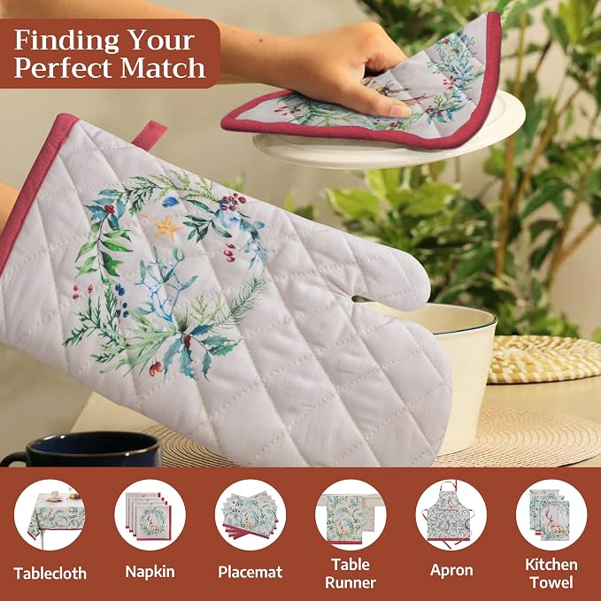 Maison d' Hermine Pot Holders 100% Cotton Potholders (8" x 8", Pack of 1) | Heat Resistant Hot Pads with Loop BBQ Cooking Baking Hotel Kitchen Handling Hot Pans Thanksgiving Christmas - Holly Time