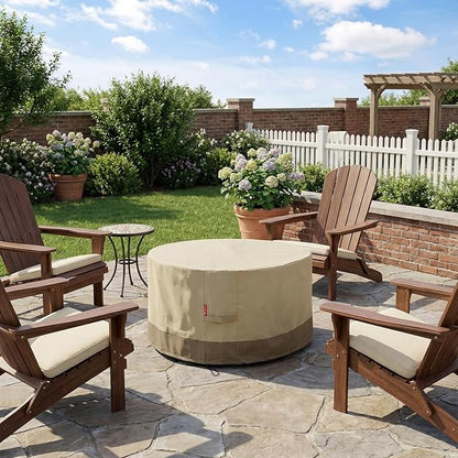 SheeChung Round Gas Fire Pit/Table Cover-Heavy Duty 600D Polyester with PVC Coating Material,100% Weather Resistant & Waterproof,Fits 30",32",33",34",35"and 36" Firepit/Bowl Cover,36"Dia X 24"H Beige