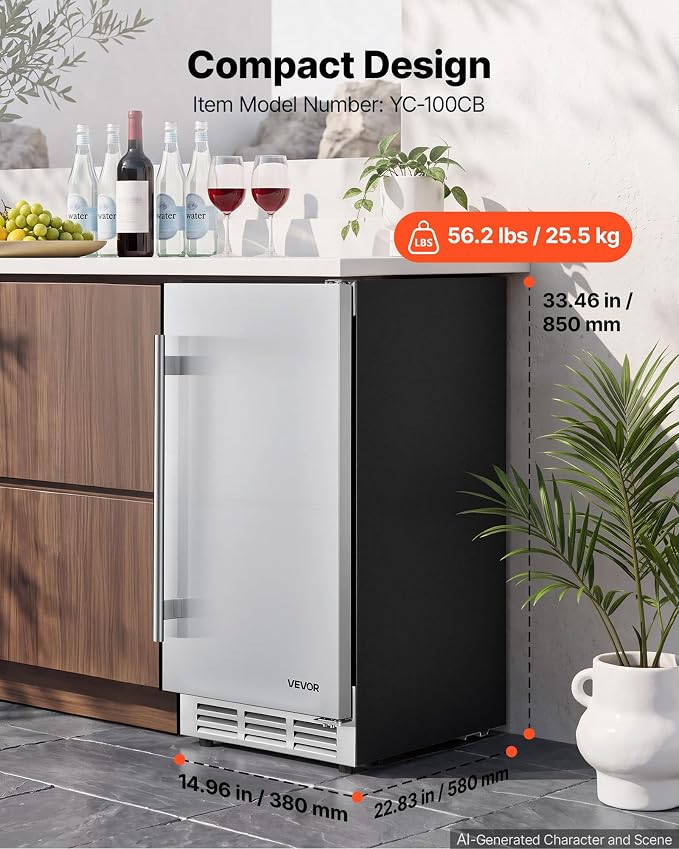 VEVOR Outdoor Beverage Refrigerator, 15 Inch Undercounter Drink Fridge | 304 Stainless Steel Door, 3.0 Cu. Ft, Hold 94 Cans, Powerful Cooling System, Built-in / Freestand Cooler, Home Bar & Patio