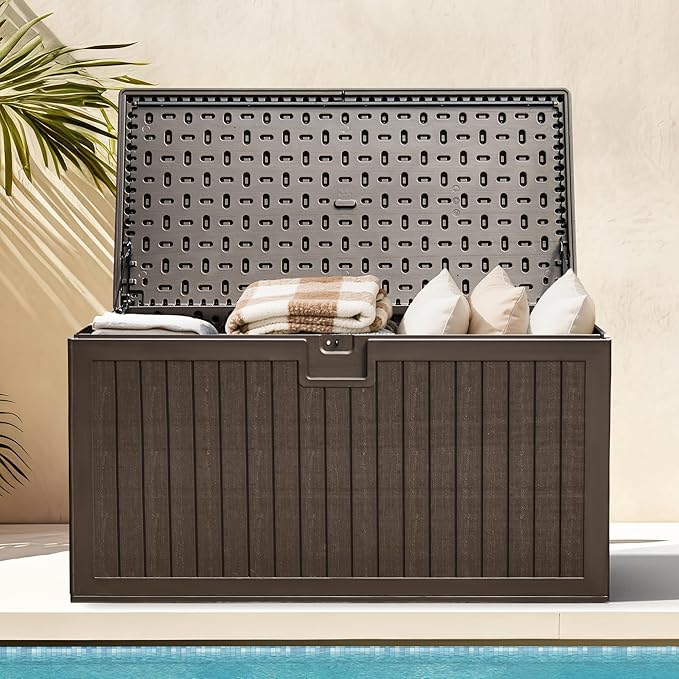 DWVO 260 Gallon Resin Outdoor Storage Box, XXL Double-Wall Waterproof Deck Box with Divider, Doubles as Table or Seating with 1000 lbs Capacity, Lockable (Brown)