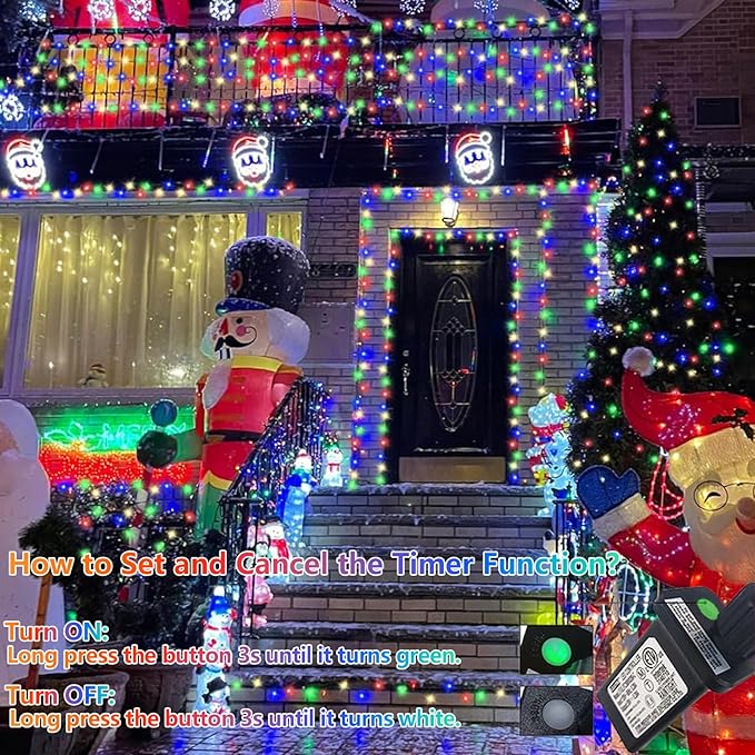 YEGUO 66ft 200 LED String Light Outdoor Waterproof, 8 Modes Christmas Lights Multicolor, Green Wire Twinkle Tree Light Plug in with Timer Memory