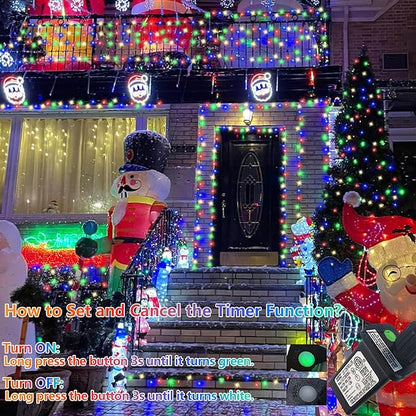 YEGUO 66ft 200 LED String Light Outdoor Waterproof, 8 Modes Christmas Lights Multicolor, Green Wire Twinkle Tree Light Plug in with Timer Memory