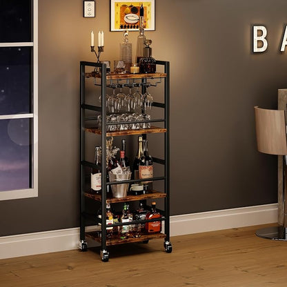 Homeiju Small Bar Cart, Home Bar Serving Cart with 4-Tier Shelf, Mobile Kitchen Shelf with Large Storage and Glass Holder, Mini Bar Cart for Small Spaces, Kitchen and Dining Room, Rustic Brown