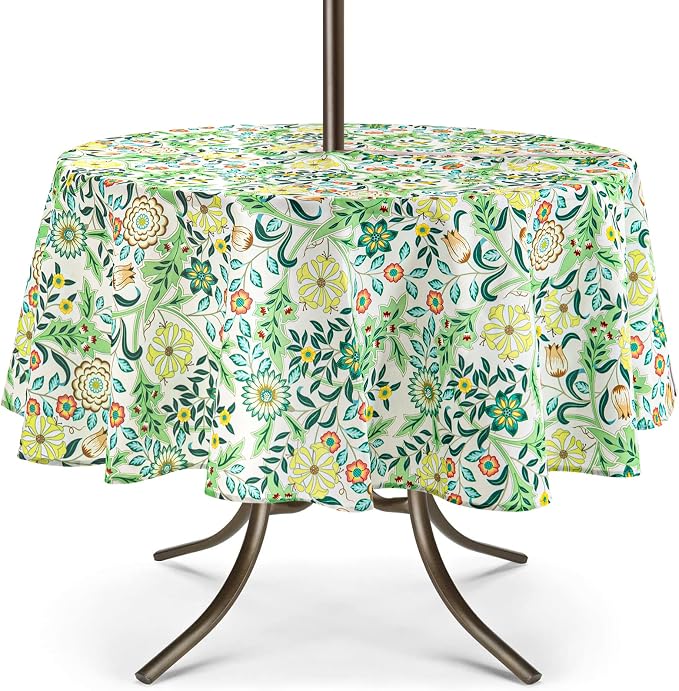 UMINEUX 60" Outdoor Round Tablecloth with Umbrella Hole and Zipper | Spring/Summer Waterproof Round Patio Table Cover for Picnic/BBQ/Garden, Yellow Snowflake