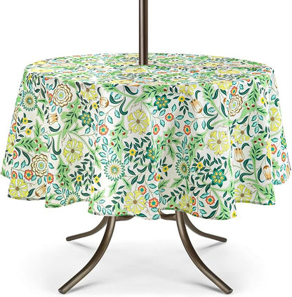 UMINEUX 60" Outdoor Round Tablecloth with Umbrella Hole and Zipper | Spring/Summer Waterproof Round Patio Table Cover for Picnic/BBQ/Garden, Yellow Snowflake