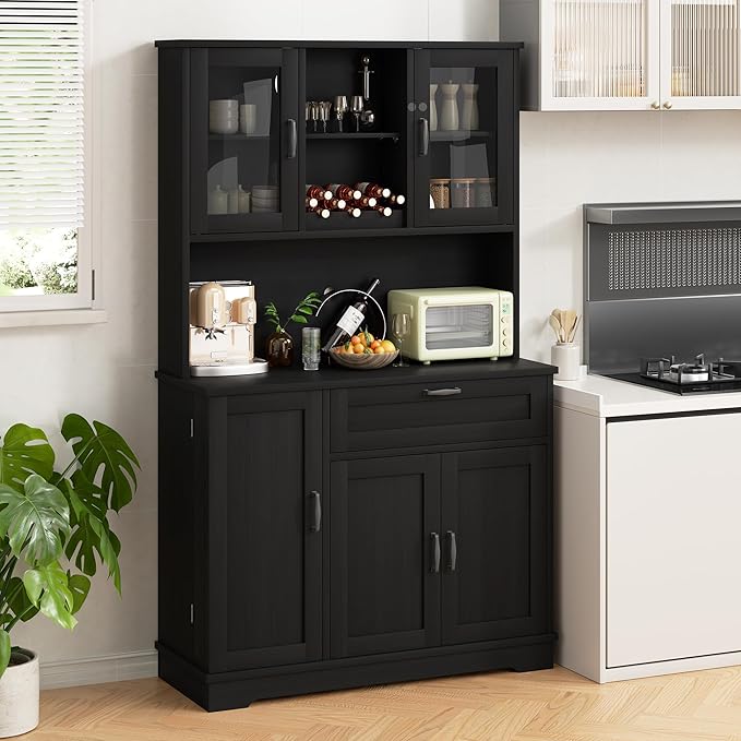 Shintenchi Kitchen Pantry Storage Cabinet, Freestanding Buffet Cabinet with Microwave Stand & 3 Door Shelves, Kitchen Hutch with Doors, Adjustable Shelves and Wine Rack, Black
