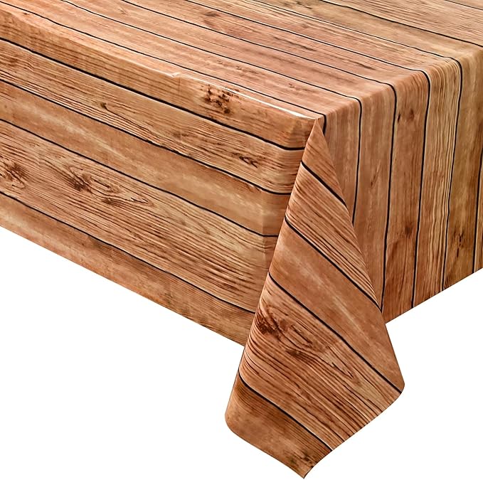 2 Pcs Wood Tablecloth Wood Grain Plastic Table Cover 87 x 51 Inches Brown Vintage Party Table Covers for Kitchen Dining Room, Barbecue Party Decorations