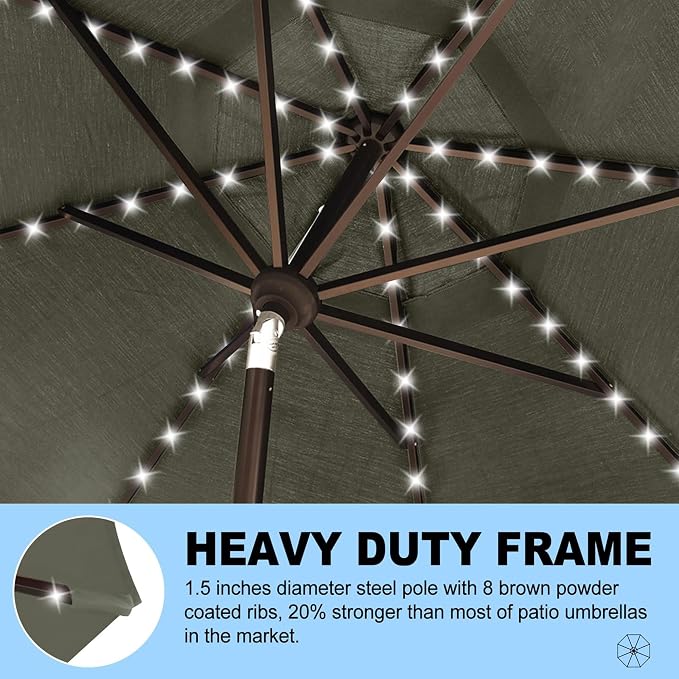 Eurmax USA 10-Year-Non-Fading 10FT Outdoor Patio Market Umbrella with LED Lights,UPF50+ UV Resistant,Heavy Duty Commercial Grade,Crank Lift&Tilt,Windproof Vented Top for Garden,Pool,Deck,Charcoal