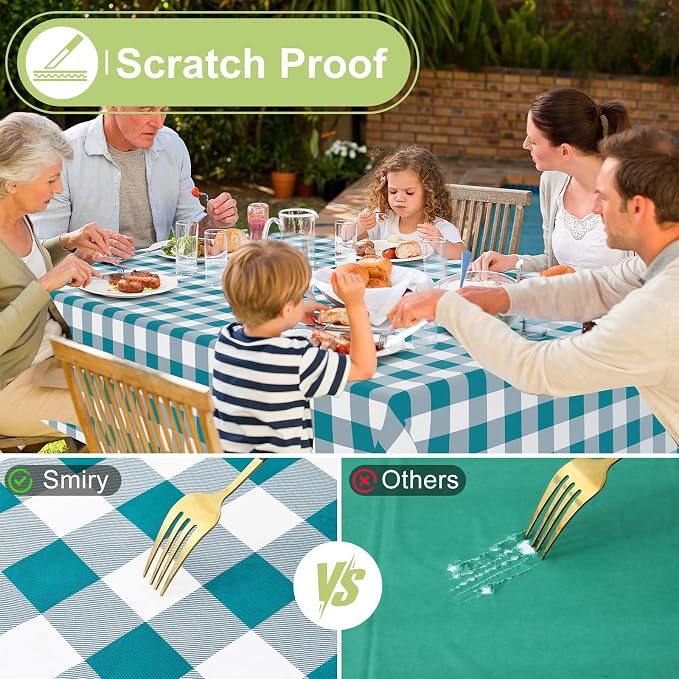 Smiry Picnic Table Cloth, Vinyl Tablecloths with Flannel Backing, 52"x70" | Waterproof Rectangle Table Cloth, Wipeable Buffalo Plaid Table Cover for Indoor and Outdoor (Turquoise & White)
