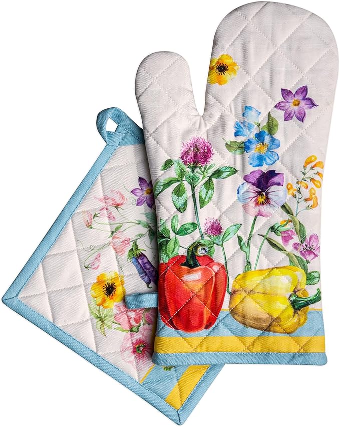 Maison d' Hermine 100% Cotton Oven Mitt & Pot Holder Set (7.5"x13" & 8"x8") Heat Resistant BBQ Cooking Gloves with Loop Baking Grilling Kitchen Hotel Home Farmhouse Spring Summer (Giverny)