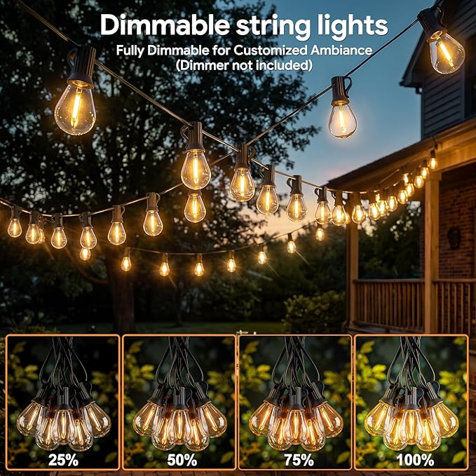 200FT 2‑Pack Dimmable Outdoor String Lights, with LED Vintage Edison Bulbs | Connectable Commercial Waterproof Shatterproof Patio Lights, Plug in 2700K Hanging Lighting for Backyard Balcony Garden Decor