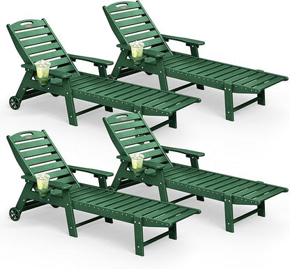 Lounge Chair Outdoor Set of 4 with Wheels, Adjustable 5-Position Chaise Lounge Outdoor, Patio Lounge Chair for Poolside Backyard, Green