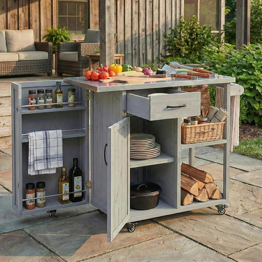 JIVOIT Outdoor Kitchen Island with Stainless Steel Worktop, Fir Wood Prep Station Lockable Kitchen Cart with Ample Storage Space, Towel and Spice Racks for Patio and Outdoor (Grey/122)