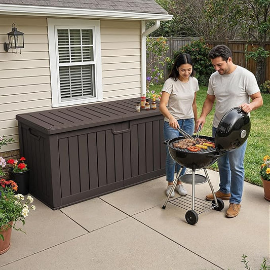 240 Gallon HDPE Deck Box Outdoor Indoor Waterproof Storage Box for Patio Furniture, Pool Accessories, Garden Tools, and Cushion Storage, Brown