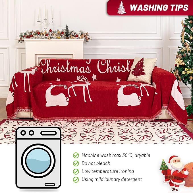 MYSKY HOME Christmas Couch Cover for Dogs, Washable Couch Covers, Non Slip Sofa Slipcover, Couch Cover 2 Cushion Sofa Dogs Furniture Protector, Chenille Sofa Covers for Pets, Kids, 71"x102", Red