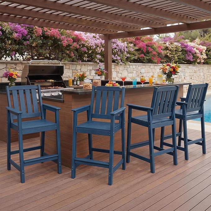 Garvee Outdoor Patio Bar Height Chair Set of 4, All-Weather HDPE Bar Height Barstools Widened Chair Set, Adirondack Chairs Set with Widened Armrests for Garden, Poolside, Bistro