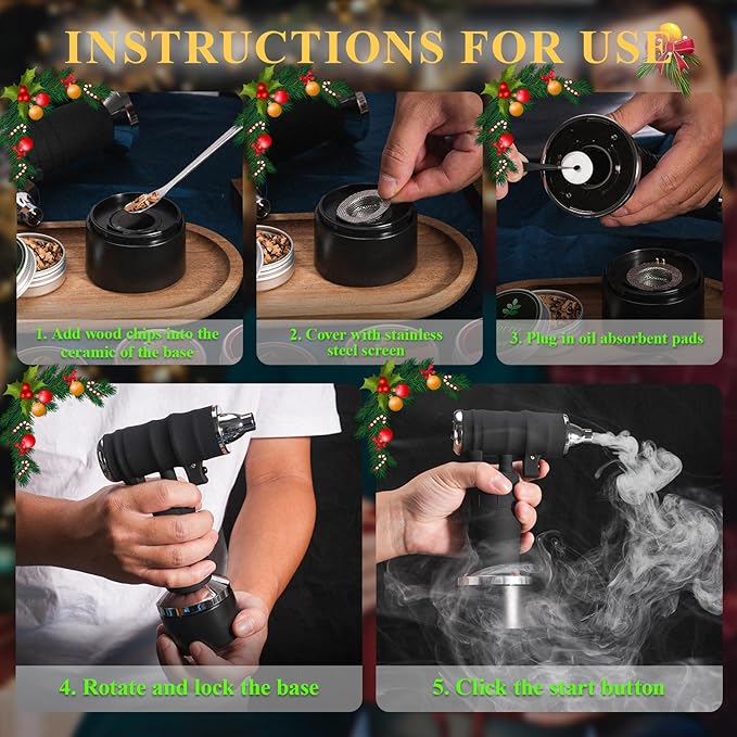Electric Cocktail Smoker Kit - Rechargeable Whiskey Smoker Kit with Smoking Gun, Old-Fashioned Bourbon Smoker, Cold Smoker, Food Smoke Gun, Smoked Drink infuser, 6 Wood Chips,Butane Not required,Black