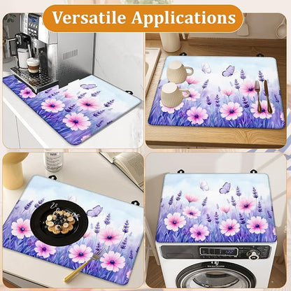 Purple Flowers Stove Top Covers for Electric Stove,Spring Floral Butterfly Glass Top Stove Cover, Heat Resistant Range Covers for Electric Stove,Washable Countertop Mat, 28 x 20 Inch