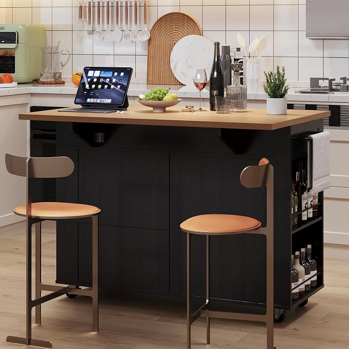 Rolling Kitchen Island with Drop Leaf Countertop, Charging Station | Ample Storage - 47.2" Mobile Kitchen Cart On Wheels with Pull-Out Shelves, Drawers, Spice Rack & Organizer Divider
