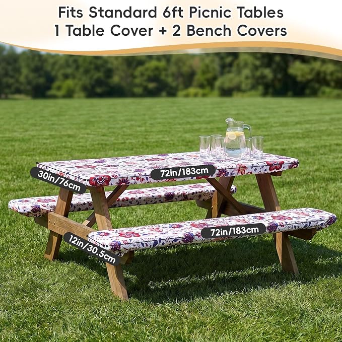 SquarePie Picnic Table Cover with Bench Covers - Waterproof Fitted Elastic Tablecloth for 6 FT Tables - Washable Polyester Camping Table Cloth for Outdoor Patio RV BBQ (Gorgeous Flowers, 30"x72")