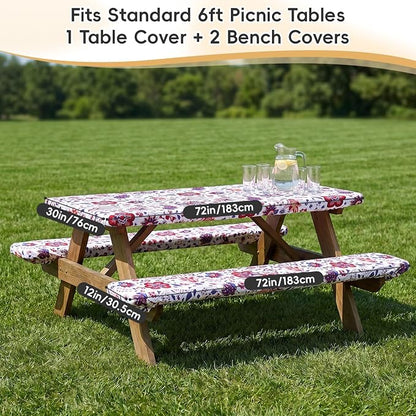SquarePie Picnic Table Cover with Bench Covers - Waterproof Fitted Elastic Tablecloth for 6 FT Tables - Washable Polyester Camping Table Cloth for Outdoor Patio RV BBQ (Gorgeous Flowers, 30"x72")