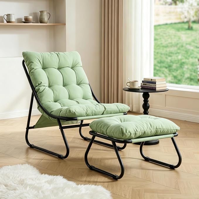 Rocking Chair with Ottoman, Modern Metal Frame Outdoor Rocker, Comfy Patio Lounge Chair with Footrest, Reading Glider Chairs for Living Room, Bedroom, Balcony, Garden, Relax, Light Green