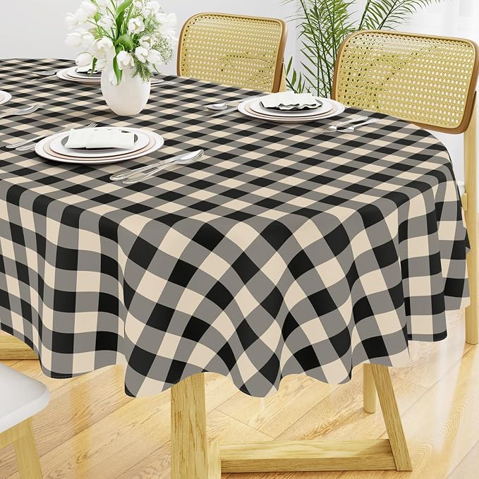 Smiry Oval Table Cloth, Vinyl Tablecloths with Flannel Backing, 60"x84" | Waterproof Picnic Table Cloth, Wipeable Buffalo Plaid Table Cover for Indoor and Outdoor (Black & Beige)