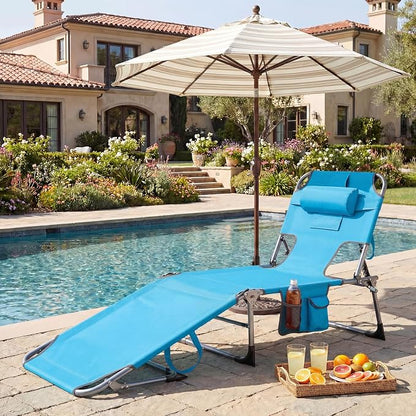 Goplus Tanning Chair, Folding Beach Lounge Chair with Face &Arm Hole, Position Adjustable,Removable Pillow,Side Pocket, Sunbathing Chair, Portable Outdoor Lounge Chair for Patio Pool