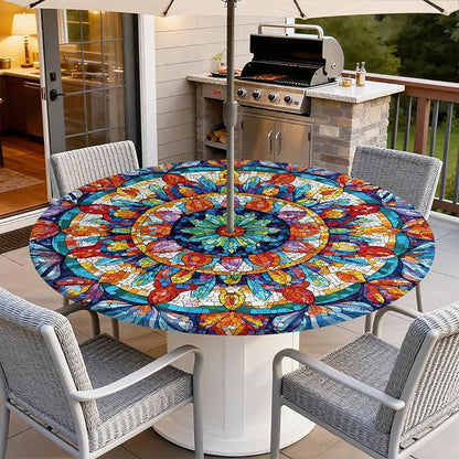 Outdoor Tablecloth with Umbrella Hole and Zipper Fits 61-65" Tables | Waterproof Round Fitted Tablecloth with Elastic Edge, Wipeable Outdoor Table Cover for Patio, Garden, Picnic